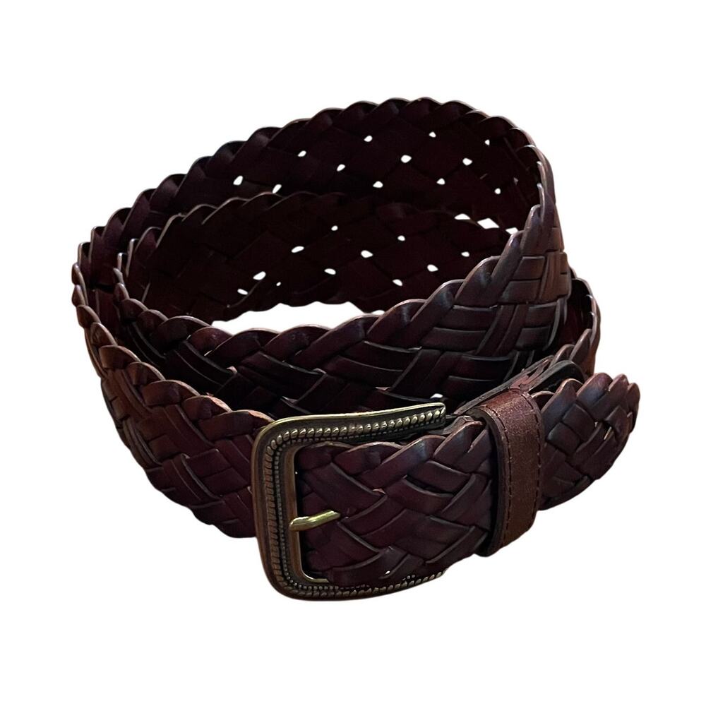 Braided Woven Brown Bonded Leather Belt, Gold Buckle, Unisex, Size Medium